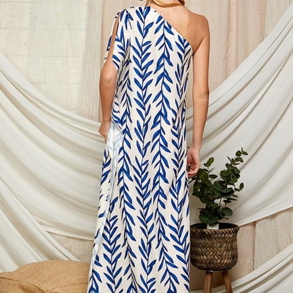 LEAF PRINT ONE SHOULDER SATIN MAXI DRESS - Picture 5 of 5